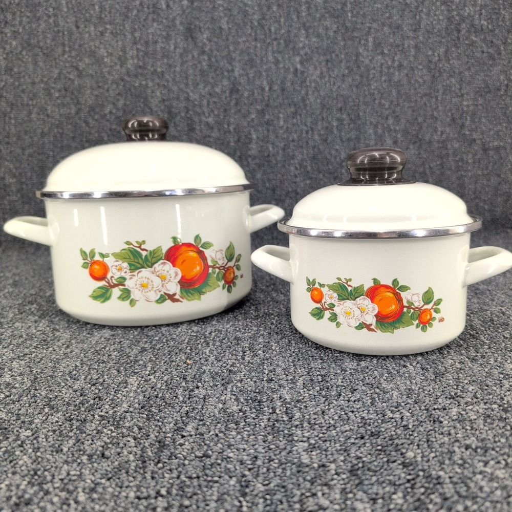 ELO Enamel Dutch Oven Pot Set Cream Fruit Floral Vintage Induction 2 pc Germany